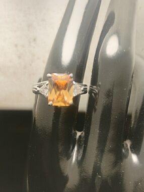 Peach Princess Cut Topaz with Ring Clear CZ Side Stones Sz 8 Silver Tone